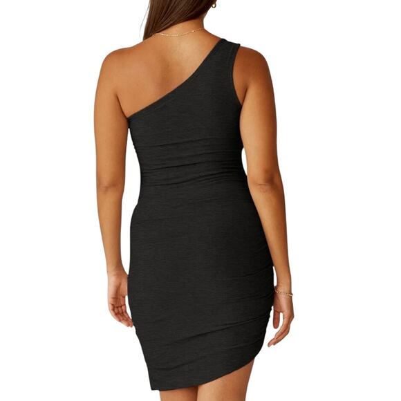 Beyond Yoga Featherweight Carried Away One Shoulder Black Mini Dress Size Medium - Picture 10 of 15